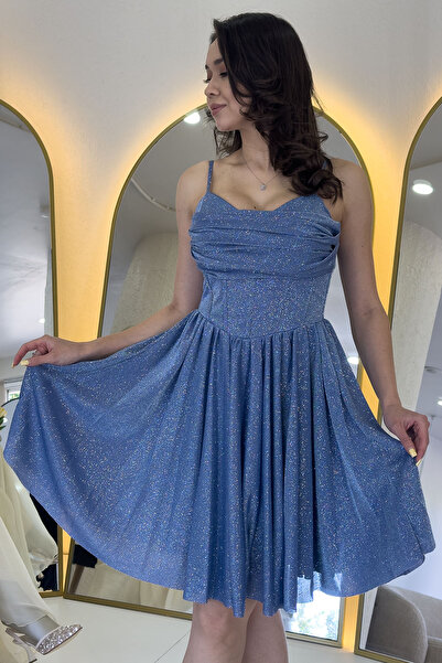 the ZKS Γυναικείο Μίνι βραδινό φόρεμα με λεπτομέρεια ασημί ντραπέ Μαύρο, Navy Blue, Indigo