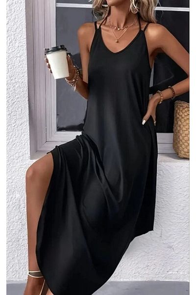 Butik Black Color Side Slit Detailed Strap Maxi Size Viscose Casual Dress
