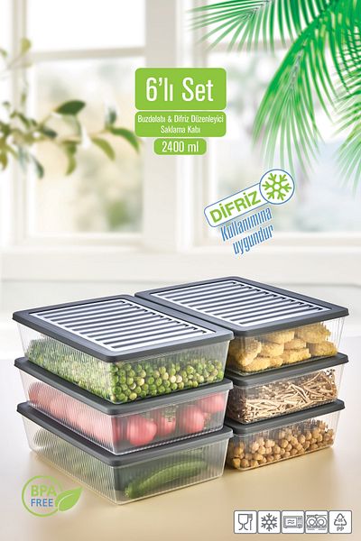 VİGENTİNO Set of 6 Refrigerator Organizer Microwave and Freeze Suitable Storage Container 6 X 2400 ml