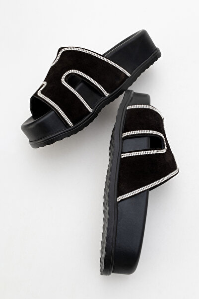 Dericlub DERİCLUB Papuci de damă cu talpă groasă, cu curele de piatră, piele de căprioară naturală