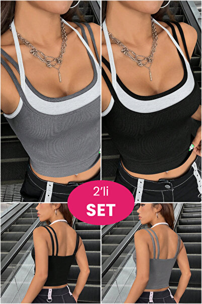 Imoda Kadın Beyaz Antrasit Gri ve Siyah Çift Renk Çapraz Askılı Crop Top Bluz