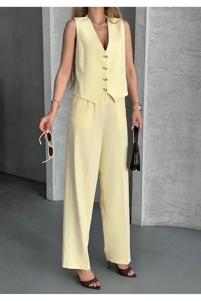 aytenli Double Fabric Bow Button Lined Vest Front Pleated Pocket Half Elastic Waist Wide Pants Suit