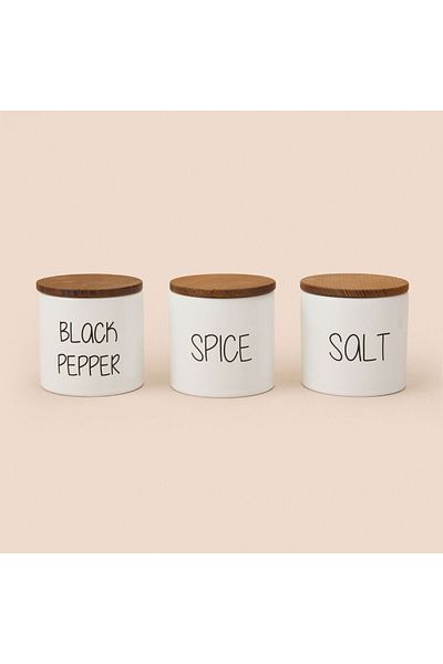MATMEL Nero Set of 3 Ceramic Spice Jars with Wooden Lid - White / Light Brown