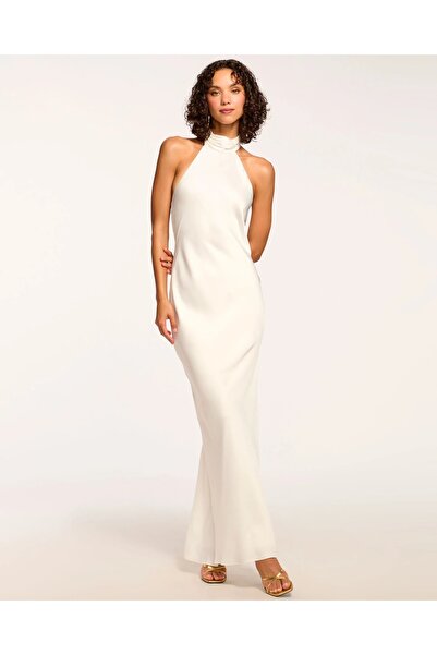 by serkan design Kadın Beyaz Elbise Saten Fiyonklu Yırtmaçlı Fermuarlı Maxi