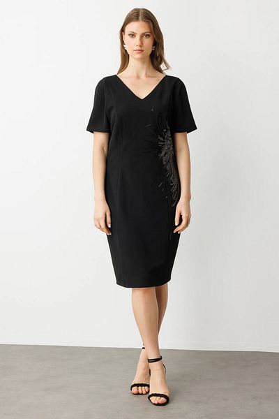 Ekol V-Neck Short Sleeve Plus Size Dress Black-5954