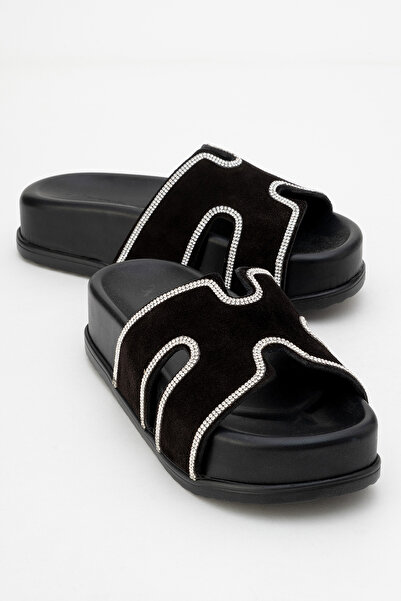 Dericlub DERİCLUB Papuci de damă cu talpă groasă, cu curele de piatră, piele de căprioară naturală