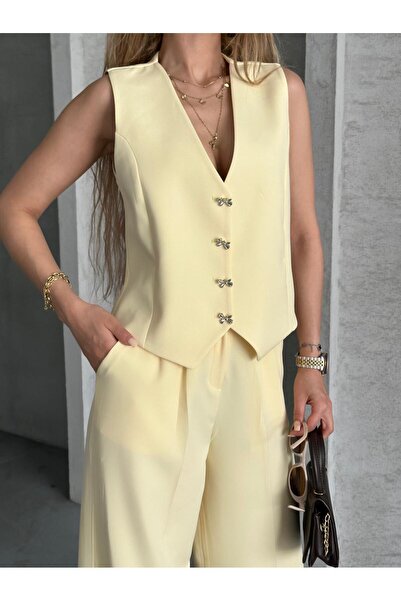 aytenli Double Fabric Bow Button Lined Vest Front Pleated Pocket Half Elastic Waist Wide Pants Suit