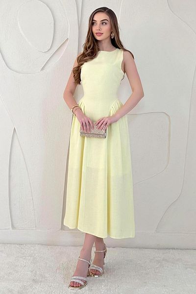 Elbee Fashion Woman Midi Length Basic Linen Dress