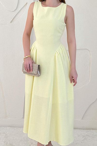 Elbee Fashion Woman Midi Length Basic Linen Dress