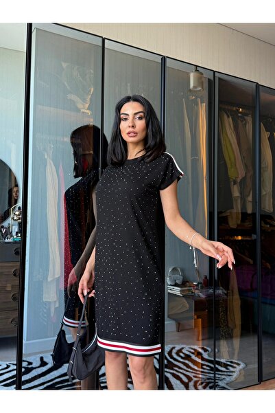 Genel Markalar Modal Kumaş Taşlı Şeritli Elbise