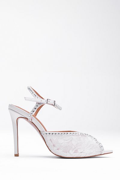 Tasarım Crystal Stone Lace Patterned High Heeled Ankle Strap Evening Shoes