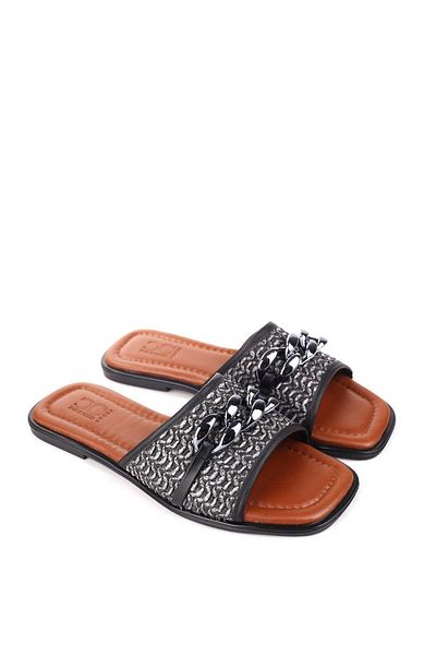 Papuçsepeti Shoe Basket Zş05 Chain Detailed Straw Daily Women's Slippers