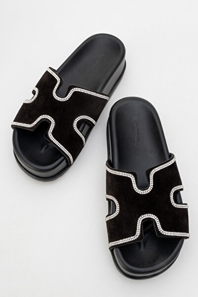 Dericlub DERİCLUB Papuci de damă cu talpă groasă, cu curele de piatră, piele de căprioară naturală