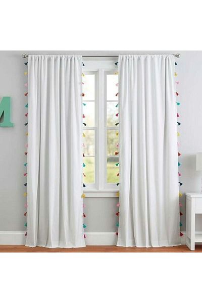 shules collection Double Sided White with Colorful Tassels Vintage Cotton Linen Curtain (Width X Length) - Single Panel - No Pleats