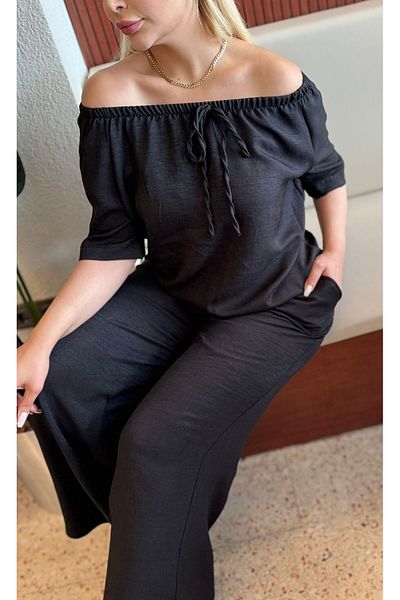 fly just Women's Plus Size Madonna Collar Bluz Belt Elastic Pocketed Bottom Sofia Linen Fabric Tracksuit Set