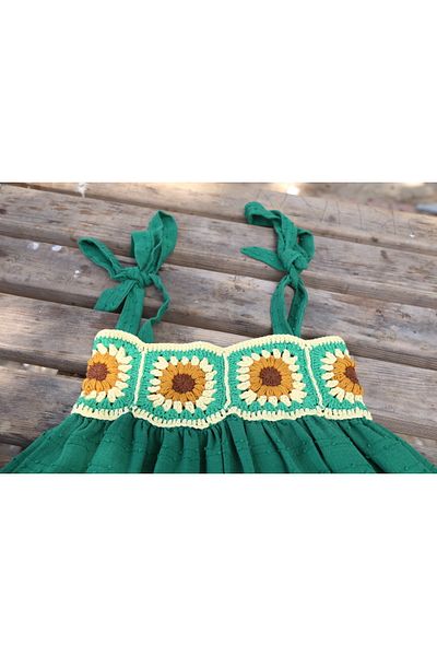 Hippie Hop Hippie Hop Motifed Dress Girl's Moon Flower - Yellow - Green