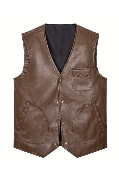 NYC GİYİM TEKSTİL Zik Genuine Leather Vest with Snap Closure