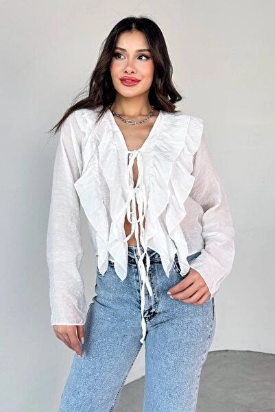 Marbella Γυναικεία Νέα σεζόν με λεπτομέρεια με βολάν μπλούζα με βολάν - Μακρυμάνικο καλοκαιρινό μπλουζάκι