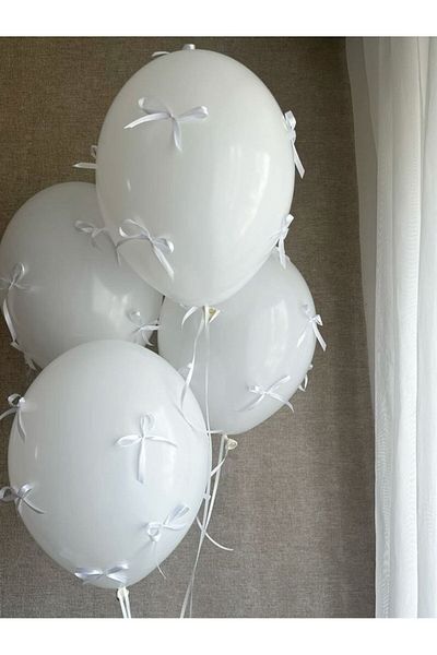 PartyPoo 10 White Balloon Set & 30 White Bow Ribbons – Birthday, Wedding, Party Decoration Material