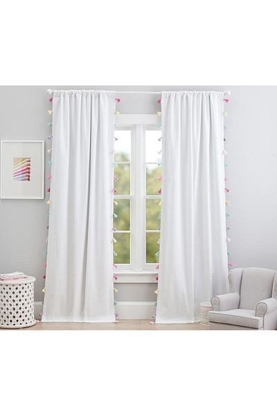 shules collection Double Sided White with Colorful Tassels Vintage Cotton Linen Curtain (Width X Length) - Single Panel - No Pleats
