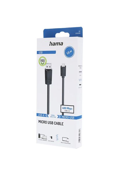 Hama Hama 200608 data cable, USB-A - microUSB, 1.5m (Black)