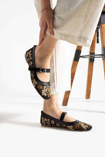 redtan Black Embroidered Women's Ballerinas |   Flower Embroidered Mesh Ballerinas |   Lightweight Comfortable Sole Stylish Casual Shoes
