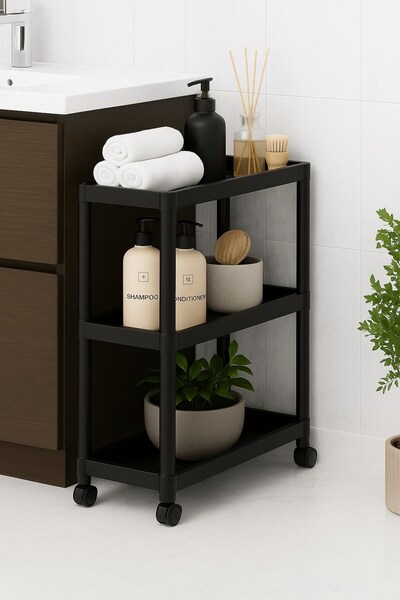 Sas Haus Flex Elite Pro 3 Katlı Mat Siyah Tekerlekli Çok Amaçlı Raf Ünitesi – Banyo, Mutfak & Organizer - S-8