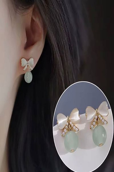 DEMOKAN Women's Earrings Special Series Imported Pearl Small Bow Water Green Dangle Stone Earrings