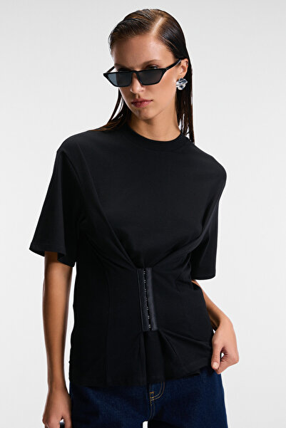 GRIMELANGE Naria Women's Crew Neck Short Sleeve Agraj Detail at Waist Relaxed Fit Black Blouse