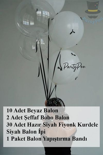 PartyPoo 10 White + 2 Transparent Bobo Bow Balloon Set – Party & Birthday Ornament with 30 Black Ribbons