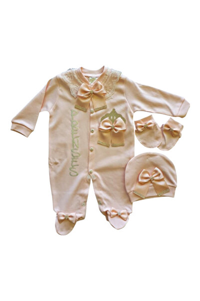 Avşar Baby Bow Stone Lace Jumpsuit Set Princess Printed Crown