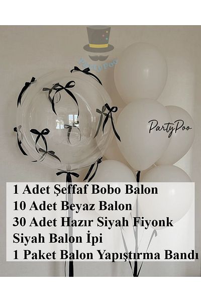 PartyPoo 10 White + 1 Transparent Bobo Balloon Set – Party Ornament with Black Bow Ribbon & Black Balloon String.