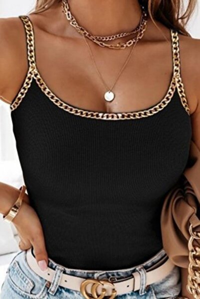 Mossta Μπλούζα Καμιζόλα με Λεπτομέρεια Αλυσίδας και Λουράκια - Μαύρο