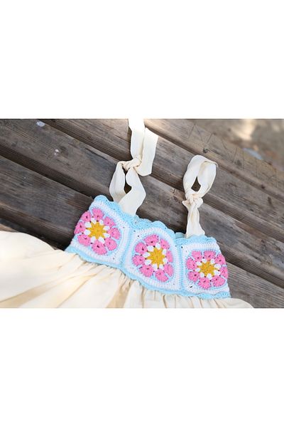 Hippie Hop Hippy Hop Motifed Dress Girl's Flowered - Cream - Blue - Pink