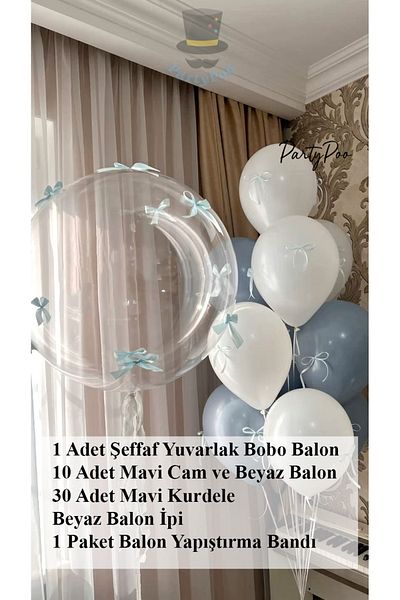 PartyPoo 10 Blue Glass & White Bow Balloons + 1 Bobo Balloon – Party Birthday Set with 30 Blue Ribbons