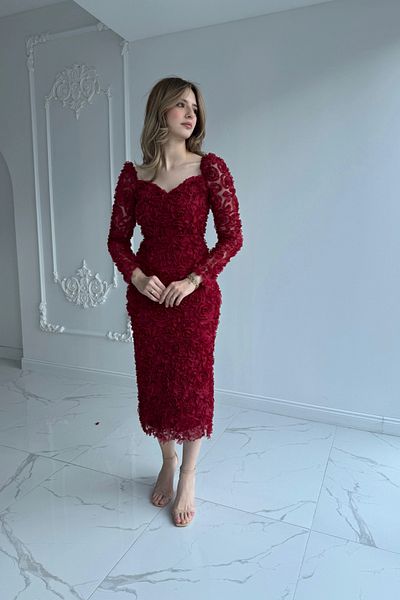 HELİS BUTİK Three-Dimensional Rose Appliqued Heart Collar Burgundy Dress