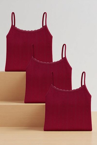 QKK Women's 100% Cotton Jacquard Soft Fabric Cherry Rope Strap 3-Piece Undershirt Qi̇3K13Lk4E.3L