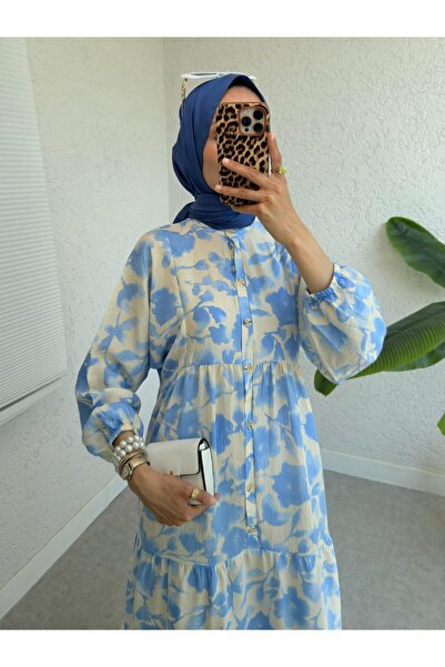 Modamorfo Φόρεμα με μοτίβο με μισό κουμπί - Μπλε