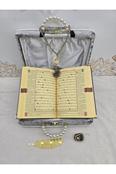 YİGİTECH KİŞİYE ÖZEL KURANI KERİM SETİ DAMAT BOHCASI GRİ RENK MEALLİ