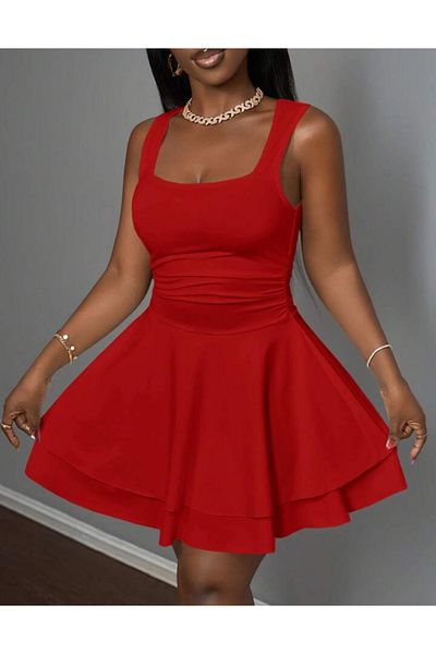 MAROVOAY Plus Size Mini Flared Dress with Drawstring Waist