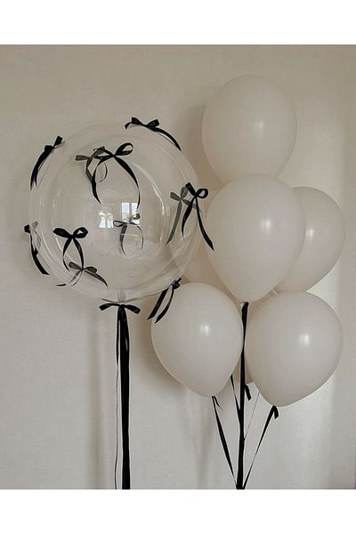PartyPoo 10 White + 1 Transparent Bobo Balloon Set – Party Ornament with Black Bow Ribbon & Black Balloon String.