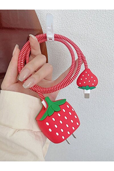 İphone 18w/20w Uyumlu Şarj Aleti Kılıfı, Çilek Figürlü Şarj Kablo Koruyucu, Şarj Koruyucu Kılıf