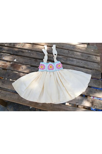 Hippie Hop Hippy Hop Motifed Dress Girl's Flowered - Cream - Blue - Pink