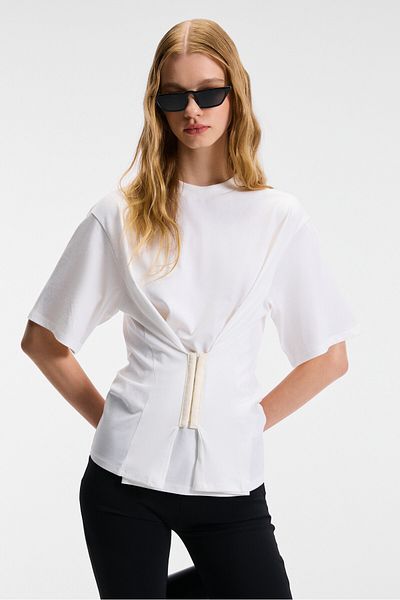 GRIMELANGE Naria Women's Crew Neck Short Sleeve Agraj Detail at Waist Relaxed Fit Ecru Blouse