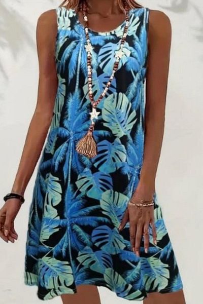 Mossta Leaf Printed Single Jersey Dress with Strap - Blue