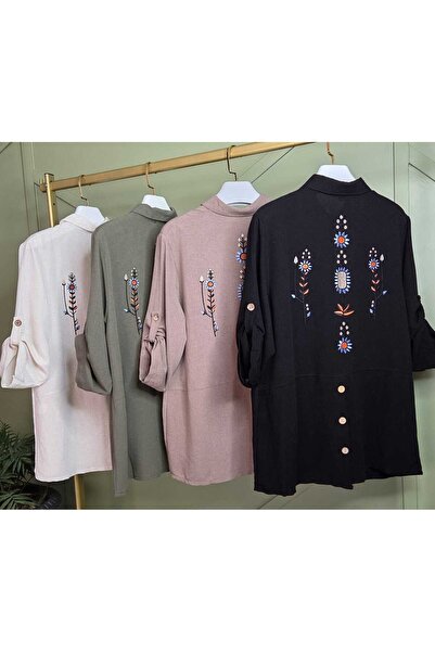 MODA Kadın nakış detaylı önü düğmeli uzun kollu tunik keten gömlek