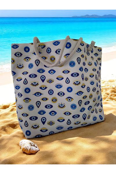 Land of Souvenir Durable Fabric Large Beach Bag with Evil Eye