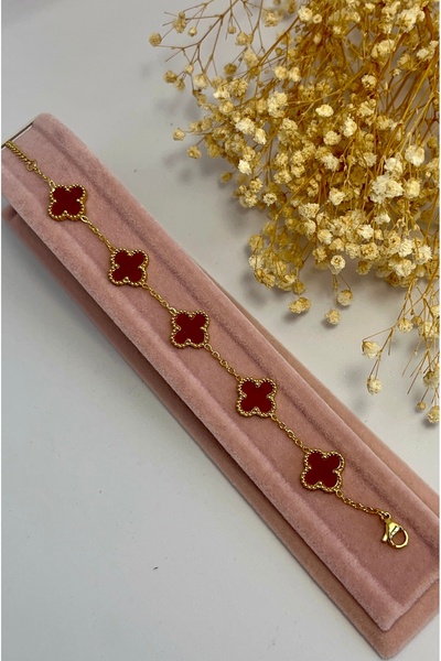 YARELLSHİNE Adjustable Burgundy Clover Leaf Steel Bracelet
