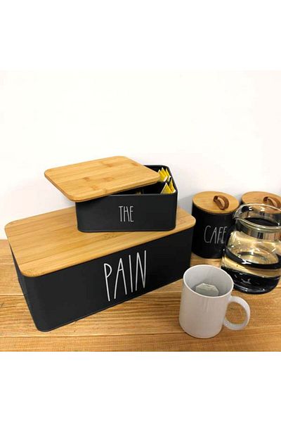 FRANDIS Metal bread box with bamboo lid, black, 33x18x12 cm