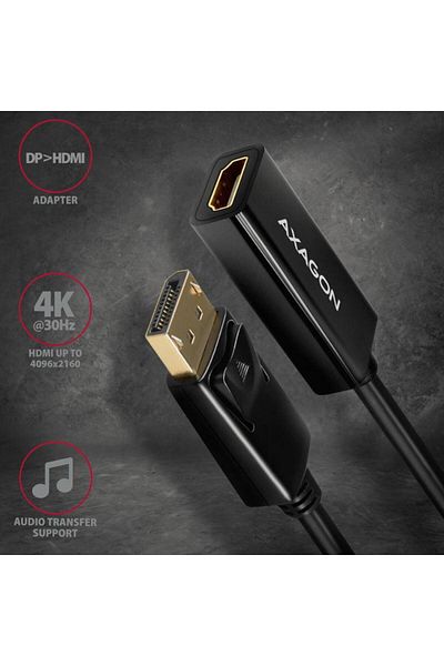 Axagon Adaptor Axagon RVD-HI14N, DisplayPort 1.2 - HDMI 1.4, 4K/30Hz, 15cm (Negru)
